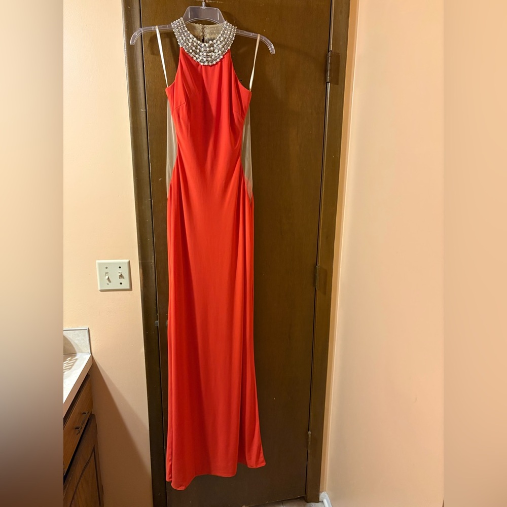 La Femme red jeweled neck sheer back gown